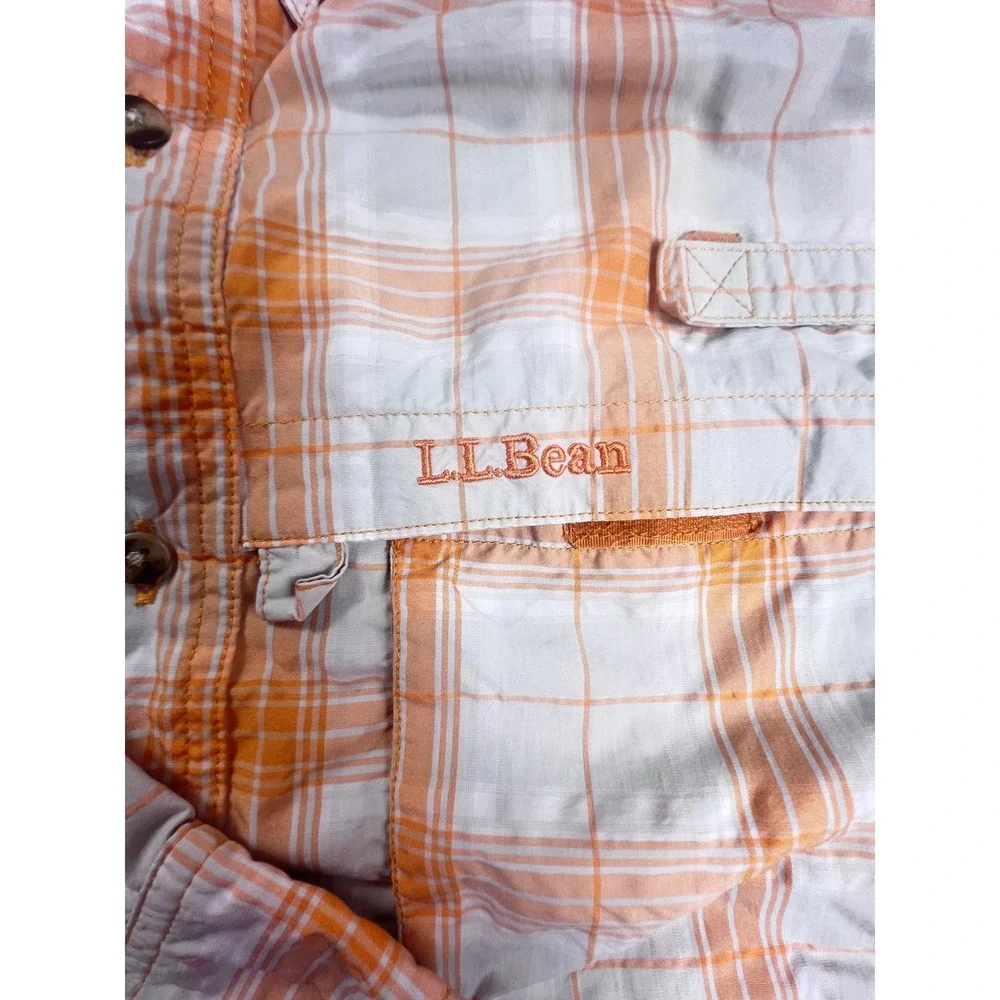 LL Bean Mens Technical Fishing Shirt Orange Plaid Vented L 299518